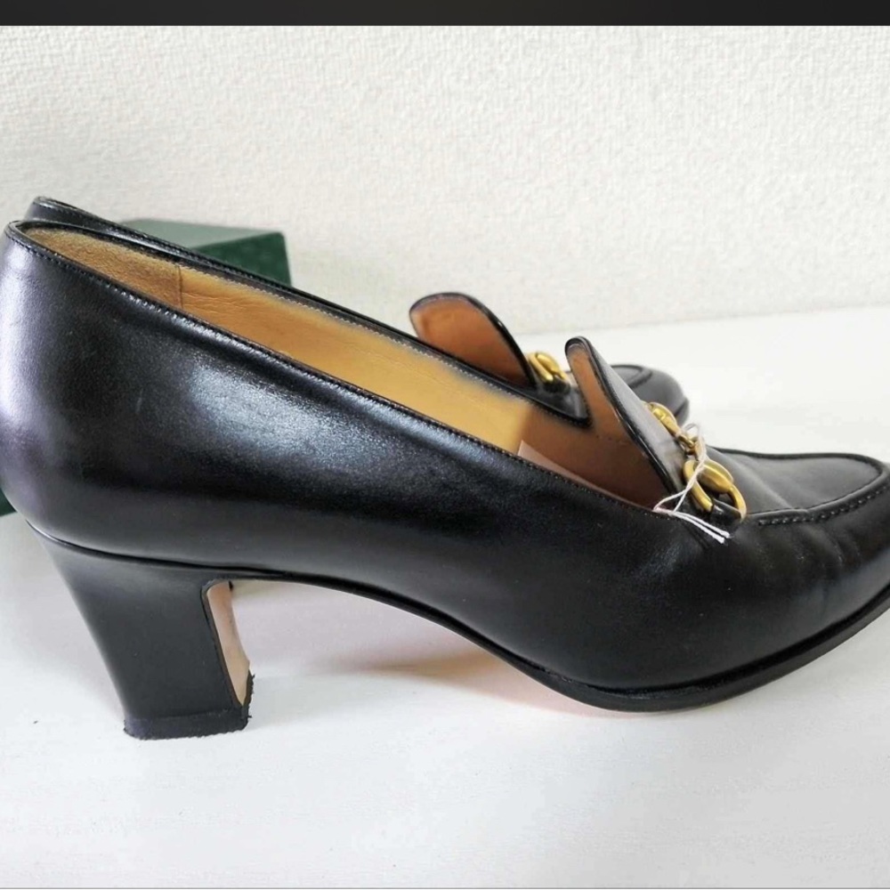 Gucci Black Leather Heeled Loafers with Gold Horsebit Hardware - Picture 2 of 12